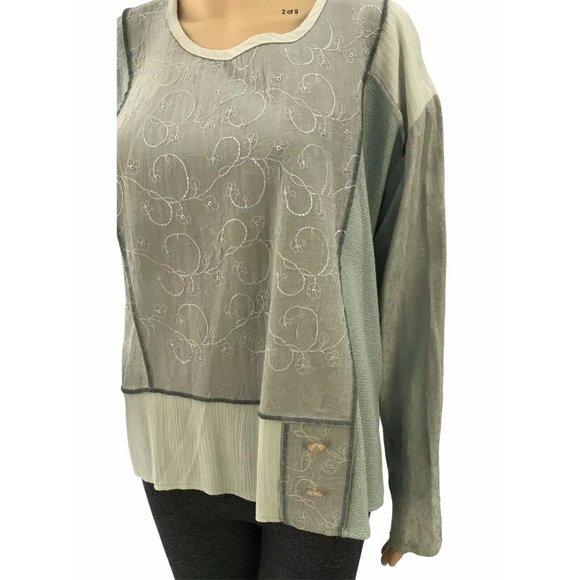 Spencer Alexis Top 14 Green Long Sleeve Mixed Fabric Block Patchwork Floral Vtg - Picture 2 of 9